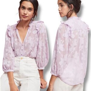 Maeve Anthropologie Ethereal Sheer Floral Mallory Lace Ruffle Lilac Blouse 4